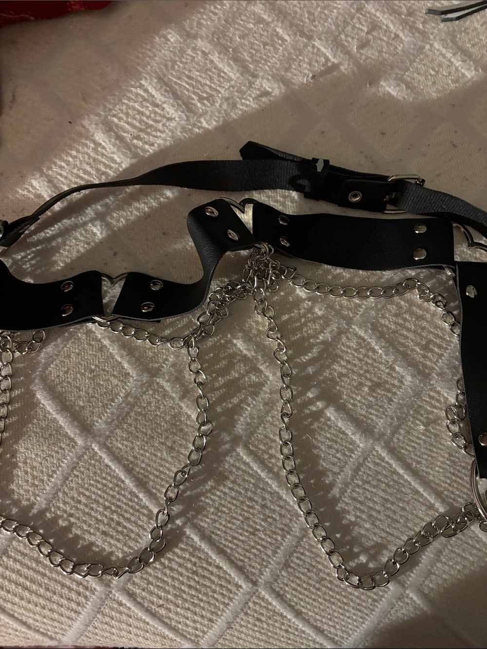 Black Faux Leather Chain Belt with Silver Chains